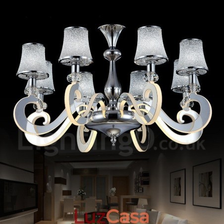 Lustre moderno contemporâneo regulável de aço com 8 luzes e cúpula de vidro Lustre moderno contemporâneo regulável de aço com 8 luzes e cúpula de vidro