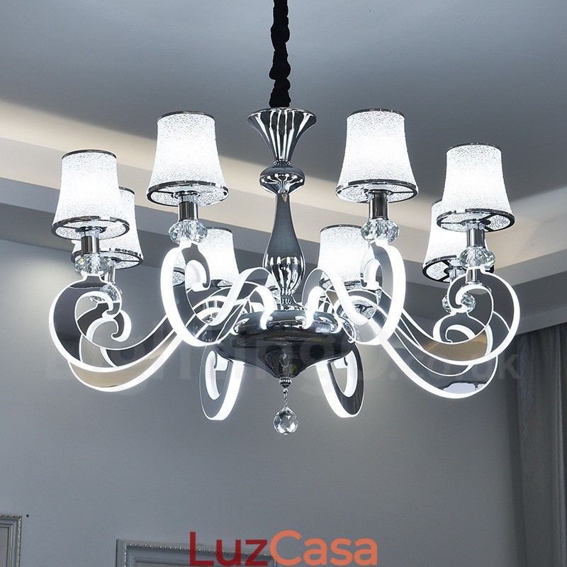 Lustre moderno contemporâneo regulável de aço com 8 luzes e cúpula de vidro