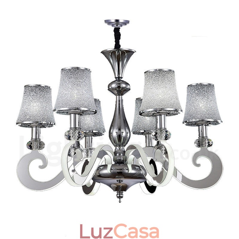 Lustre moderno contemporâneo regulável de aço com 6 luzes e cúpula de vidro