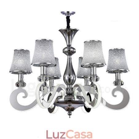 Lustre moderno contemporâneo regulável de aço com 6 luzes e cúpula de vidro Lustre moderno contemporâneo regulável de aço com 6 luzes e cúpula de vidro