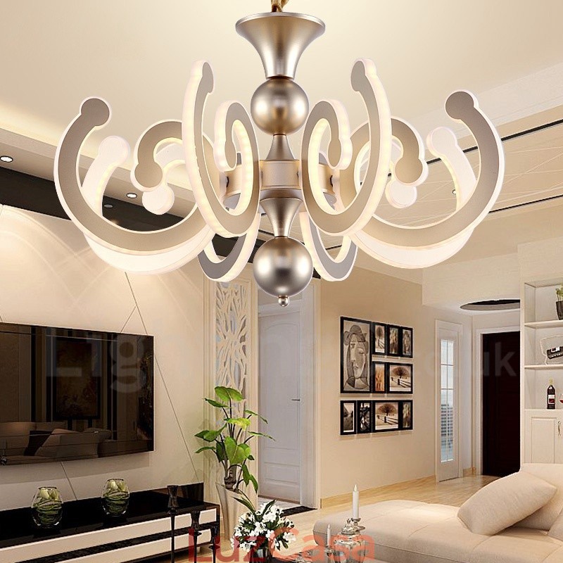 Lustre moderno contemporâneo regulável de aço com 8 luzes e cúpula de acrílico