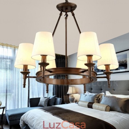 Luminária pendente rústica nórdica de 6 luzes com abajur de tecido Luminária pendente rústica nórdica de 6 luzes com abajur de tecido