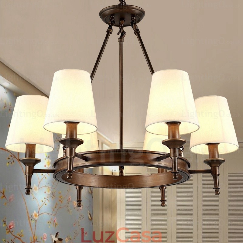 Luminária pendente rústica nórdica de 6 luzes com abajur de tecido