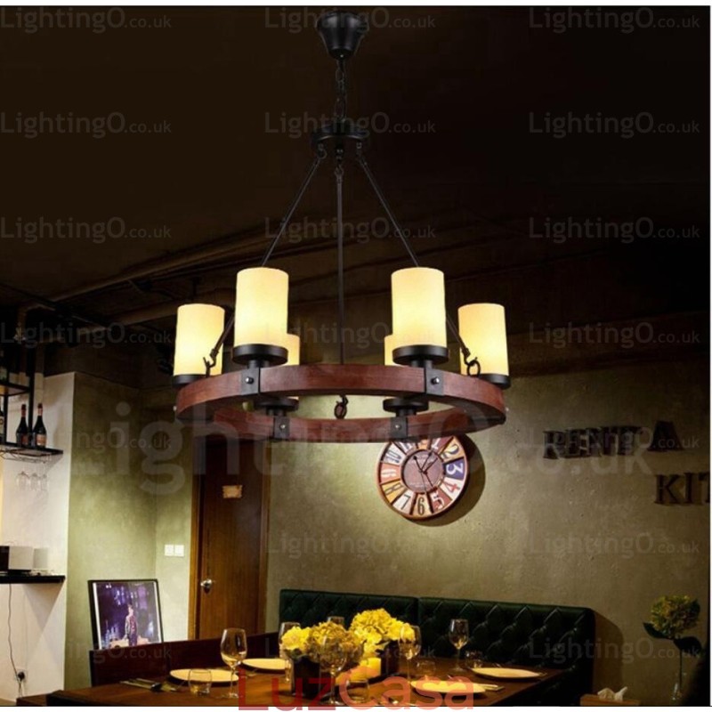Luminária pendente rústica de 6 luzes com cúpula de vidro