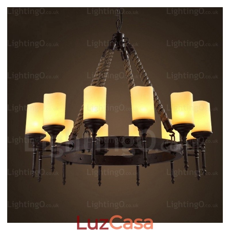 12 Luzes Country Rústico Vintage Retro Pendente Luz com Sombra de Vidro
