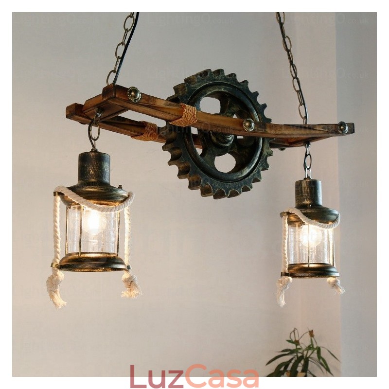 2 Luzes Country Rústico Vintage Retro Pendente Luz com Sombra de Vidro