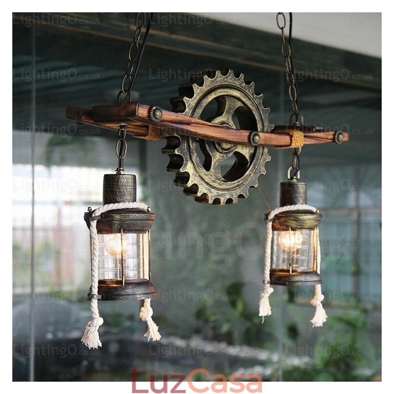 2 Luzes Country Rústico Vintage Retro Pendente Luz com Sombra de Vidro