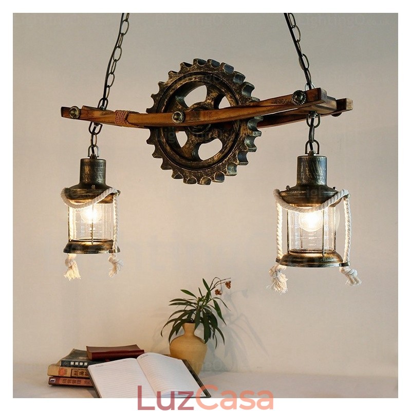 2 Luzes Country Rústico Vintage Retro Pendente Luz com Sombra de Vidro