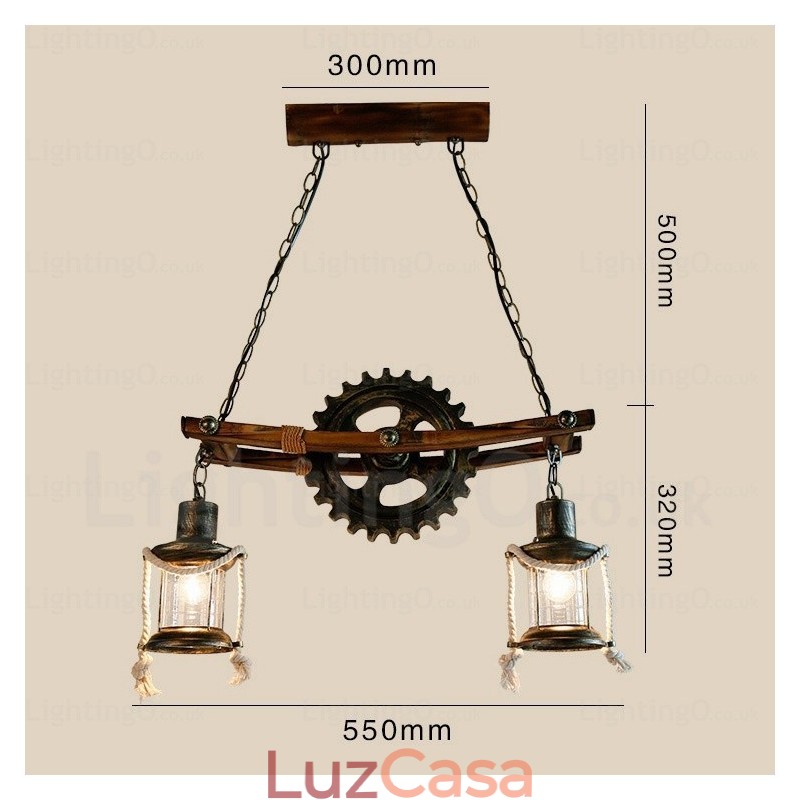 2 Luzes Country Rústico Vintage Retro Pendente Luz com Sombra de Vidro