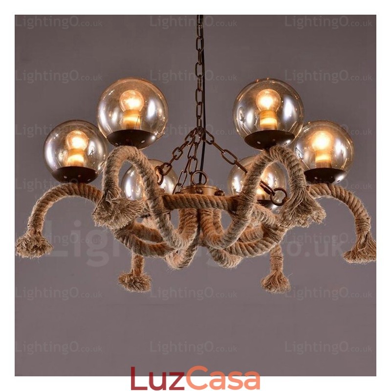Luminária pendente retrô vintage de 6 luzes com cúpula de vidro