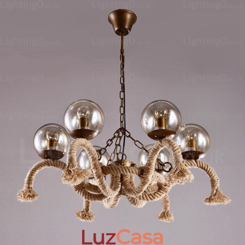 Luminária pendente retrô vintage de 6 luzes com cúpula de vidro