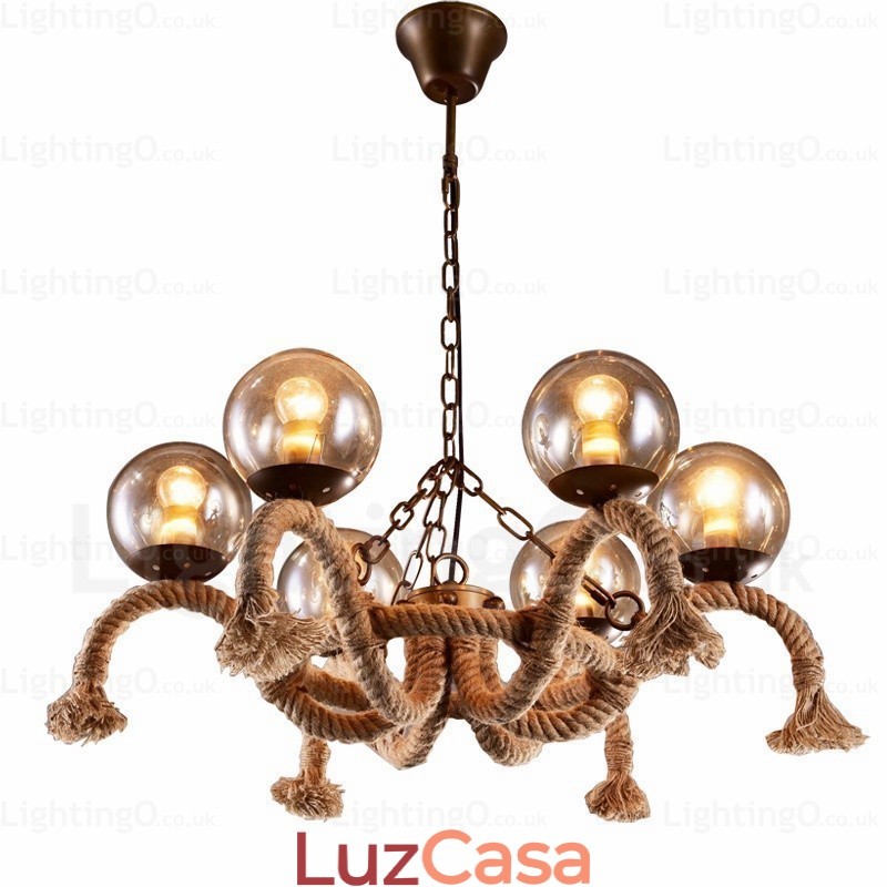 Luminária pendente retrô vintage de 6 luzes com cúpula de vidro