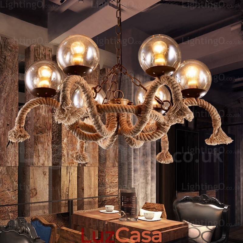 Luminária pendente retrô vintage de 6 luzes com cúpula de vidro