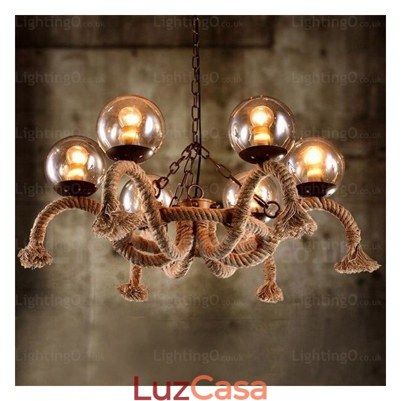 Luminária pendente retrô vintage de 6 luzes com cúpula de vidro