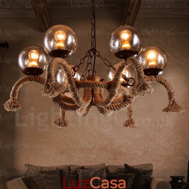 Luminária pendente retrô vintage de 6 luzes com cúpula de vidro