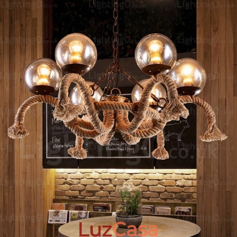 Luminária pendente retrô vintage de 6 luzes com cúpula de vidro