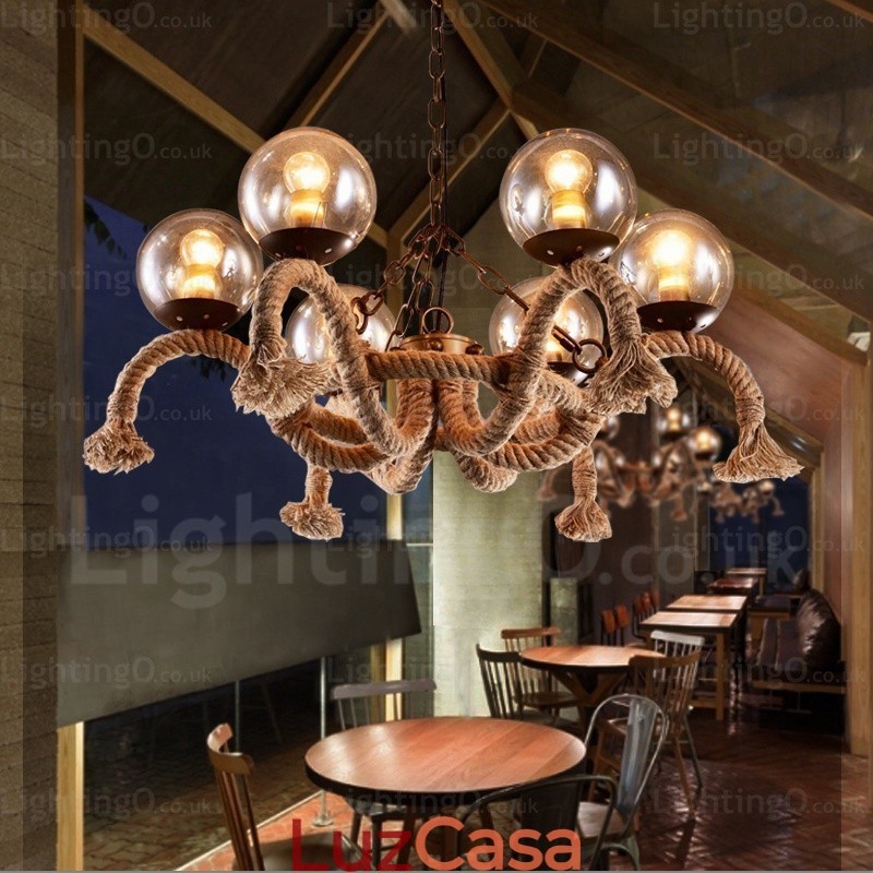 Luminária pendente retrô vintage de 6 luzes com cúpula de vidro
