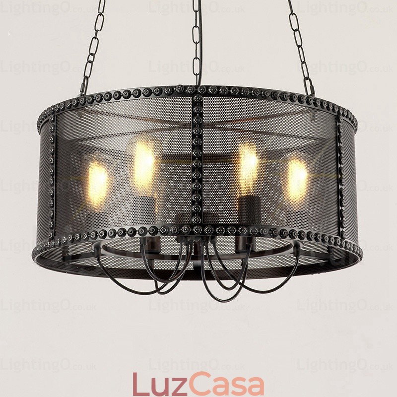 Luminária pendente retrô vintage de 6 luzes com cúpula de aço inoxidável