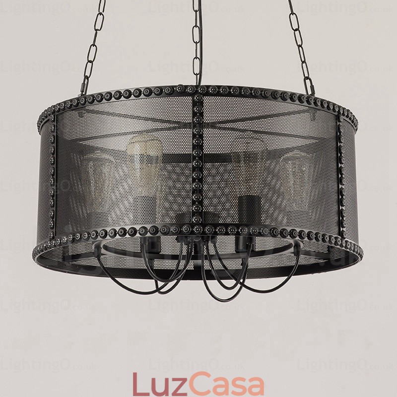 Luminária pendente retrô vintage de 6 luzes com cúpula de aço inoxidável