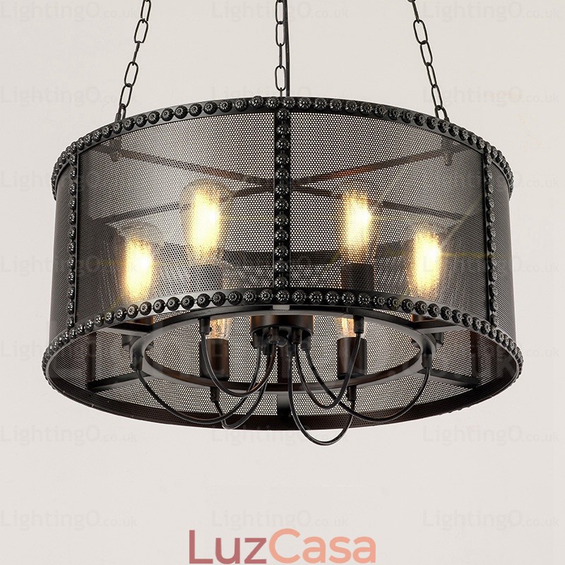 Luminária pendente retrô vintage de 6 luzes com cúpula de aço inoxidável