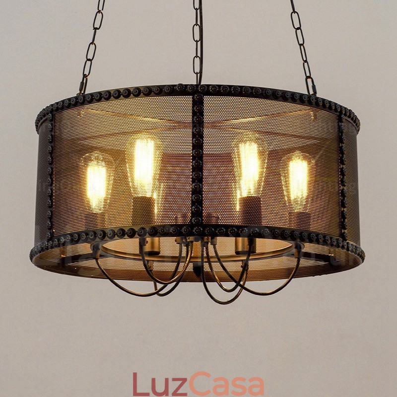 Luminária pendente retrô vintage de 6 luzes com cúpula de aço inoxidável