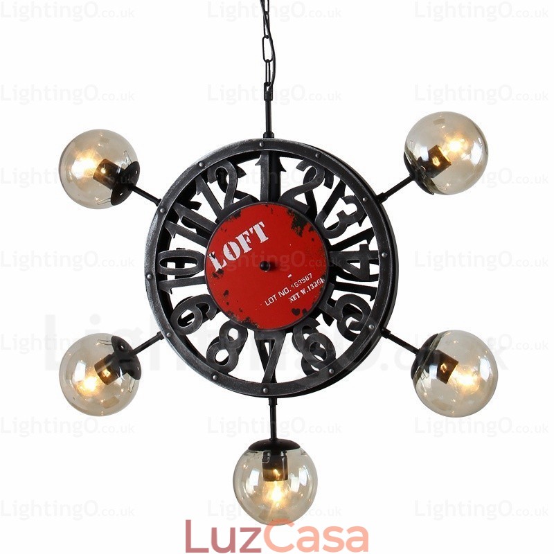 Luminária pendente retrô vintage de 5 luzes com cúpula de vidro