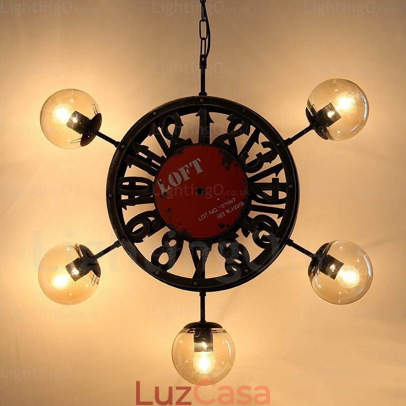 Luminária pendente retrô vintage de 5 luzes com cúpula de vidro