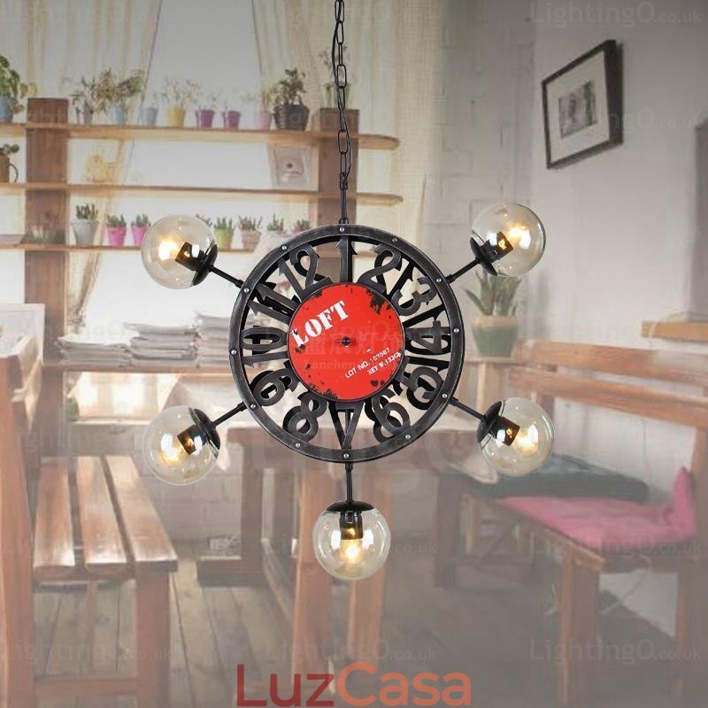 Luminária pendente retrô vintage de 5 luzes com cúpula de vidro