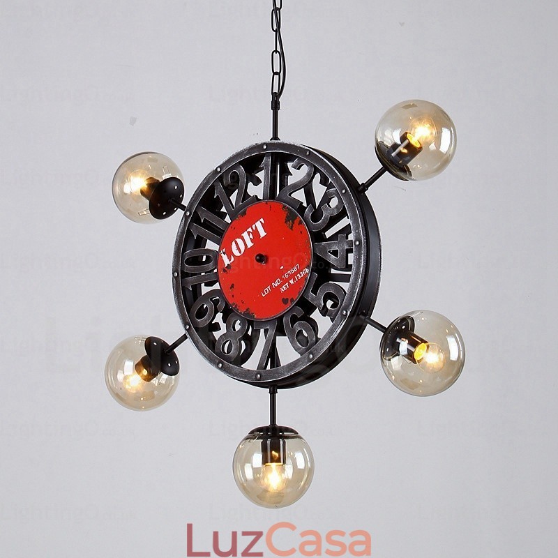 Luminária pendente retrô vintage de 5 luzes com cúpula de vidro