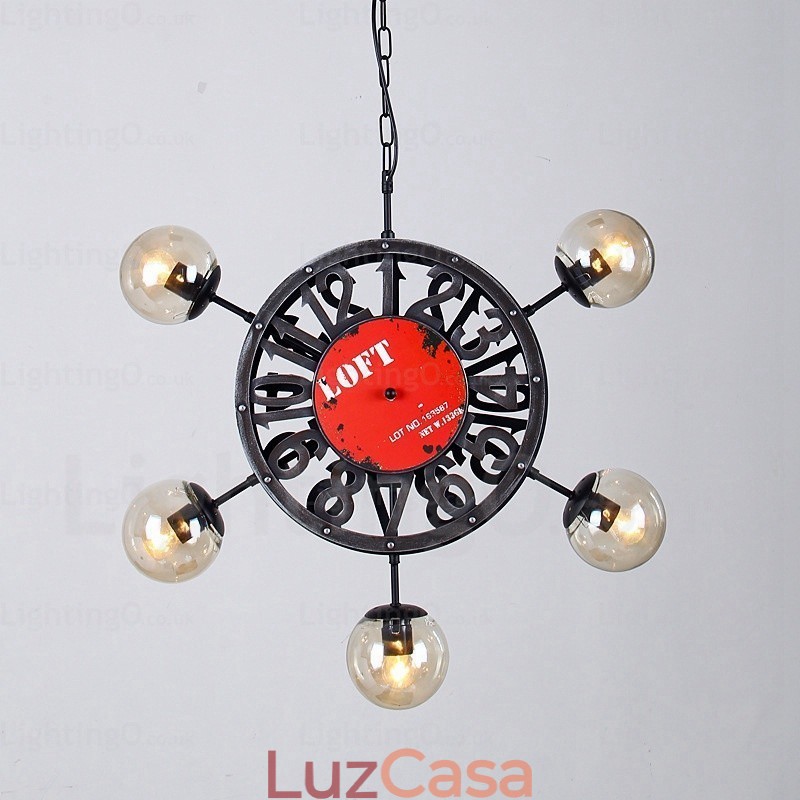 Luminária pendente retrô vintage de 5 luzes com cúpula de vidro