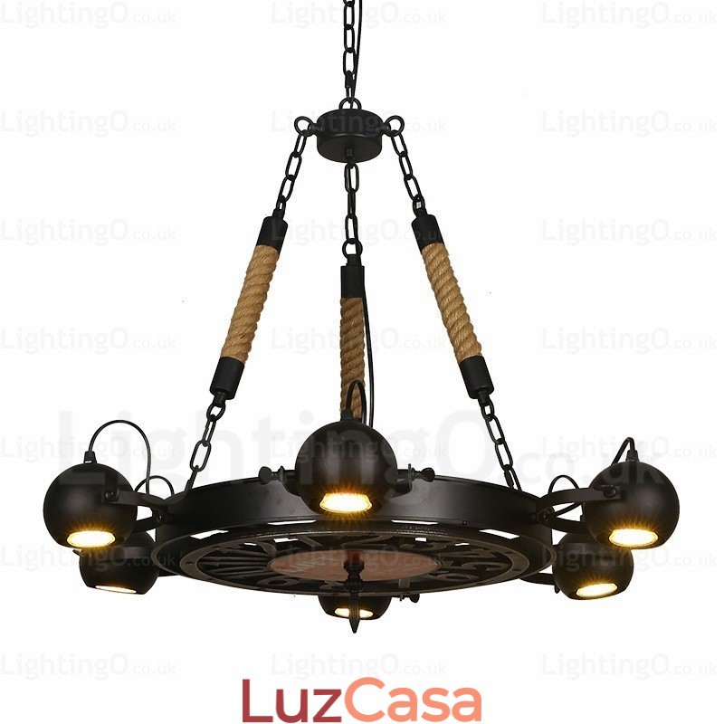 Luminária pendente retrô vintage de 6 luzes com cúpula de aço inoxidável