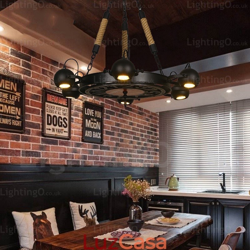 Luminária pendente retrô vintage de 6 luzes com cúpula de aço inoxidável