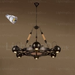 Luminária pendente retrô vintage de 6 luzes com cúpula de aço inoxidável