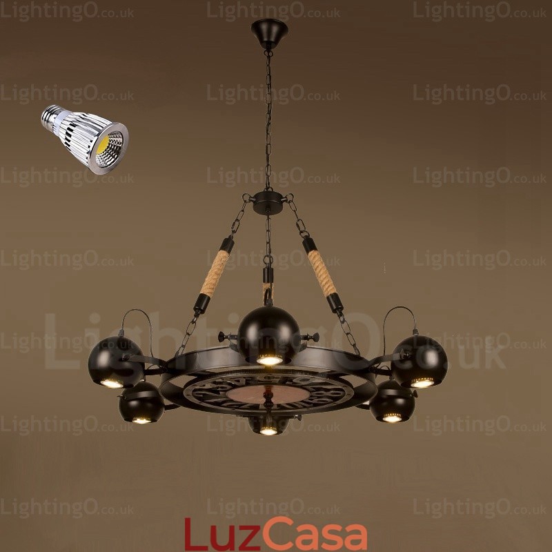 Luminária pendente retrô vintage de 6 luzes com cúpula de aço inoxidável