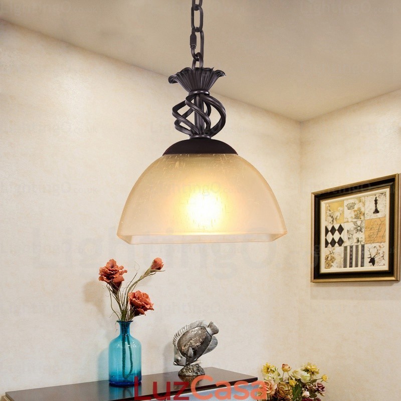 1 luz pendente rústica country com cúpula de vidro