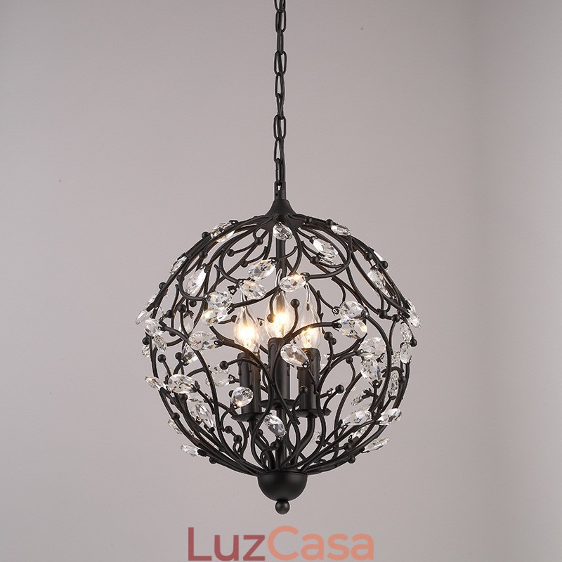 Luminária pendente de cristal globo retrô vintage com 3 luzes