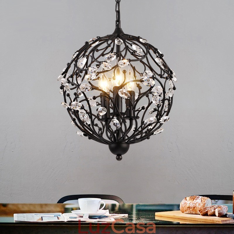 Luminária pendente de cristal globo retrô vintage com 3 luzes