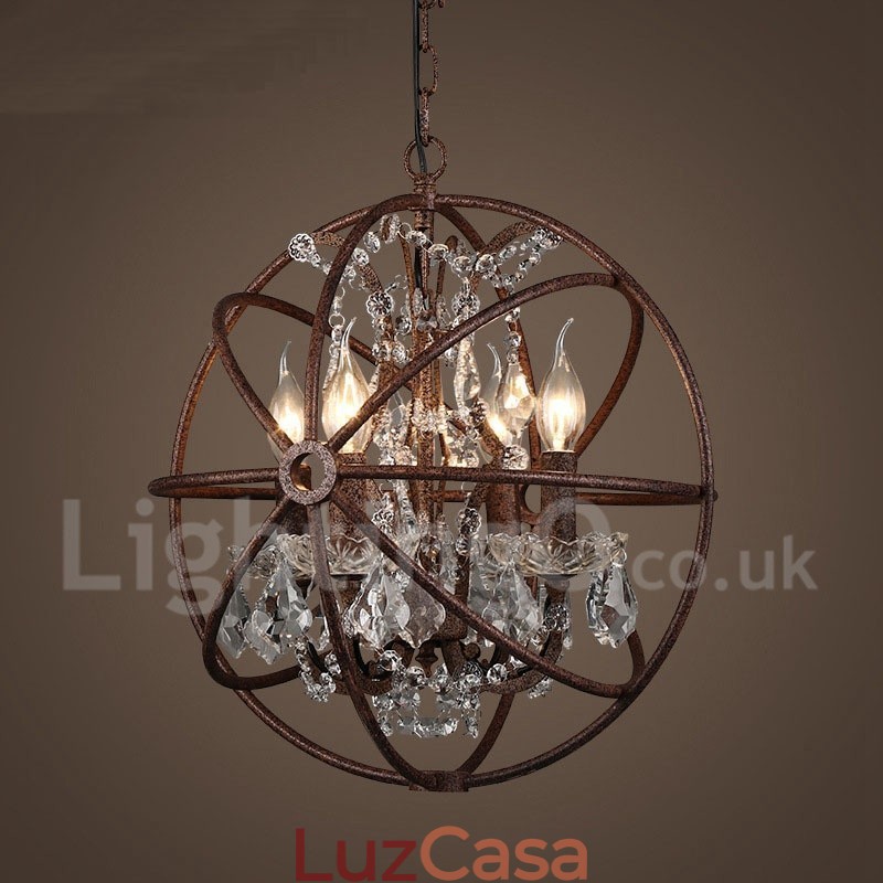 4 Diâmetro de luz 40CM Globo de cristal vintage Pintura Lustre de metal Cor enferrujada Luz pendente