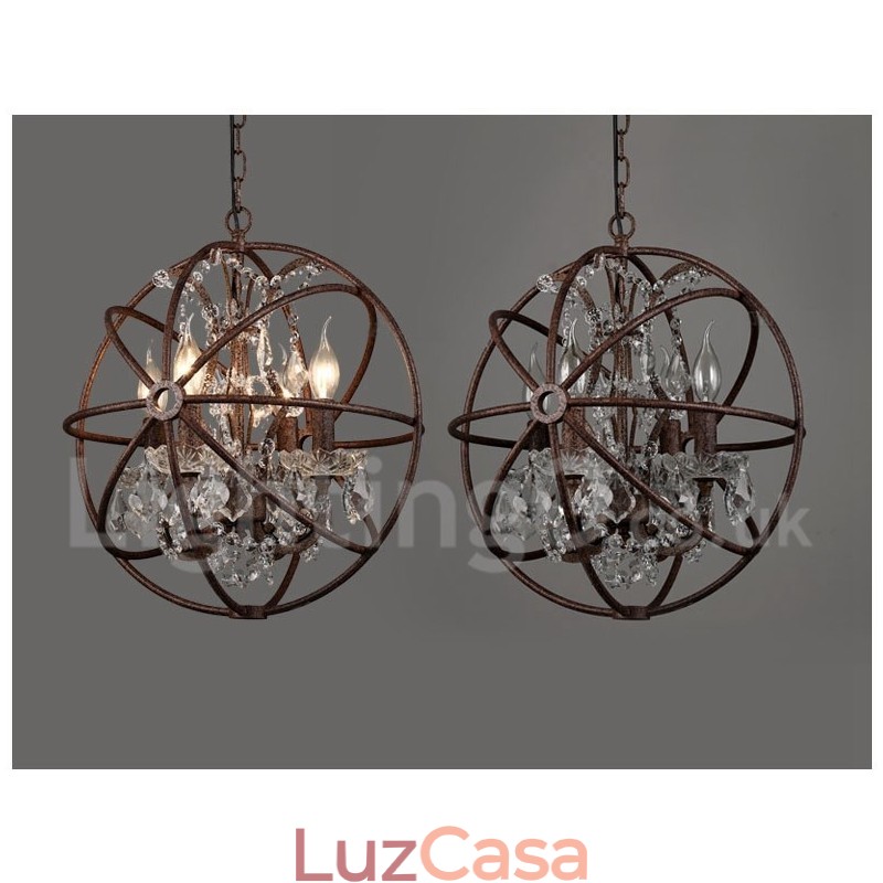 4 Diâmetro de luz 40CM Globo de cristal vintage Pintura Lustre de metal Cor enferrujada Luz pendente