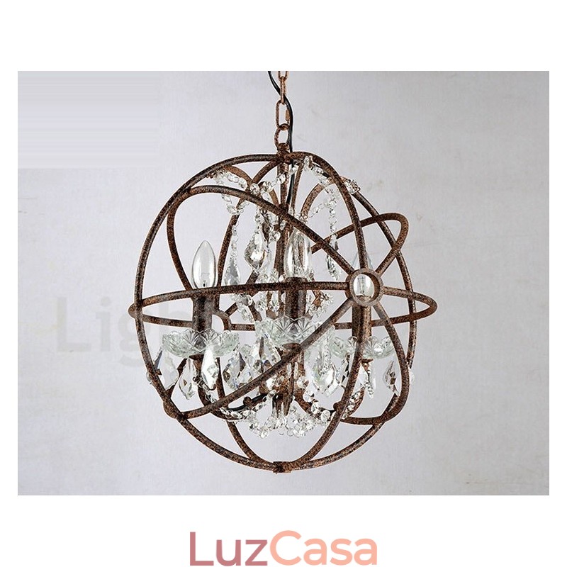 4 Diâmetro de luz 40CM Globo de cristal vintage Pintura Lustre de metal Cor enferrujada Luz pendente