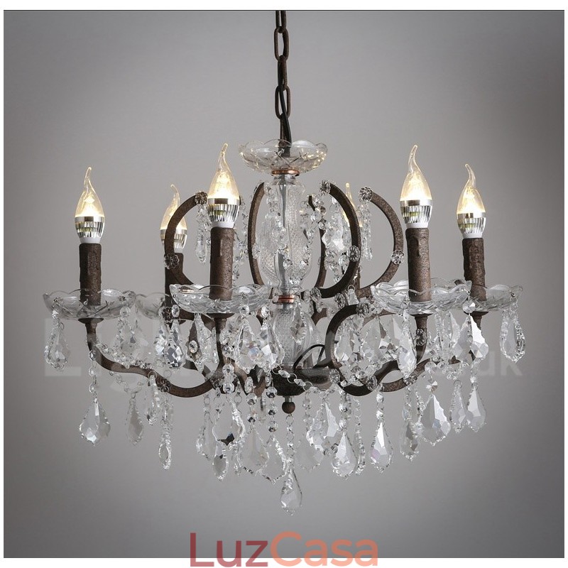 6 Diâmetro de luz 60CM Pintura de cristal vintage Lustre de metal Cor de ferro enferrujado Luz pendente