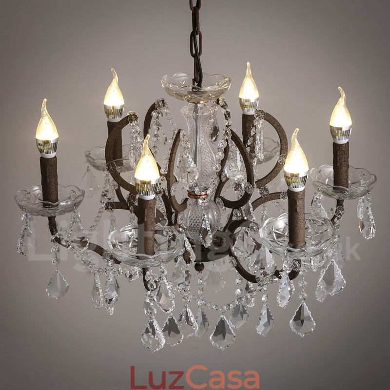 6 Diâmetro de luz 60CM Pintura de cristal vintage Lustre de metal Cor de ferro enferrujado Luz pendente