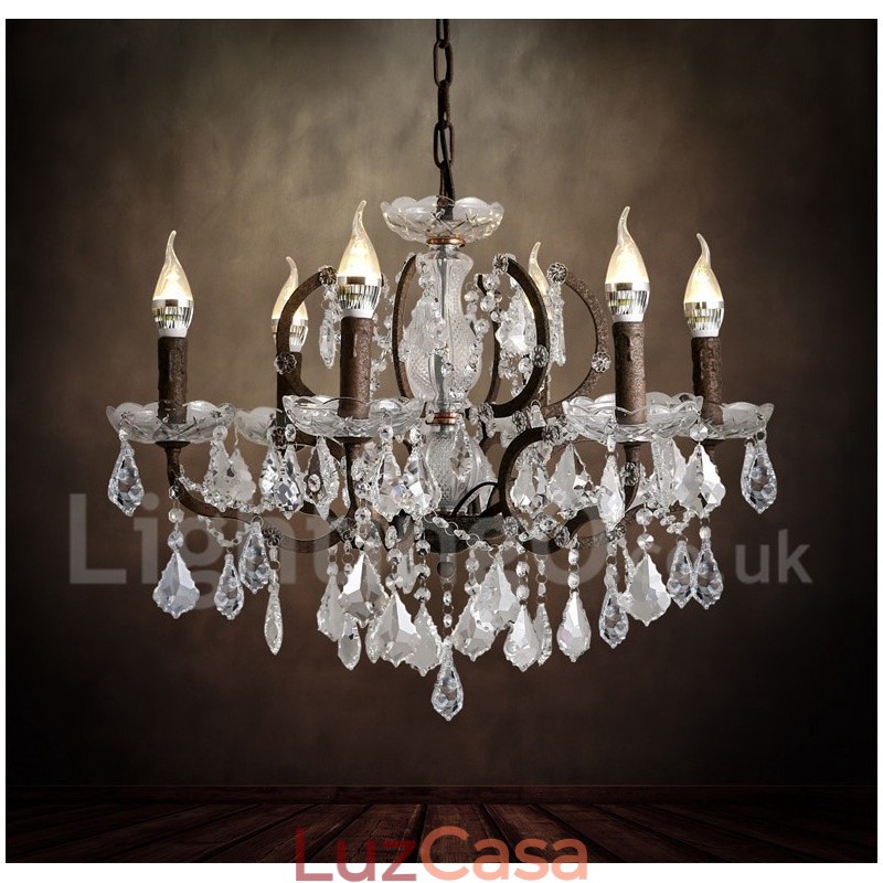 6 Diâmetro de luz 60CM Pintura de cristal vintage Lustre de metal Cor de ferro enferrujado Luz pendente