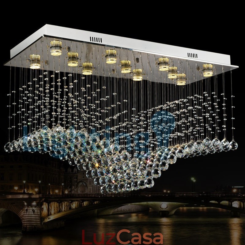 Lustre moderno contemporâneo, luminária pendente embutida, luz de gota de chuva de cristal