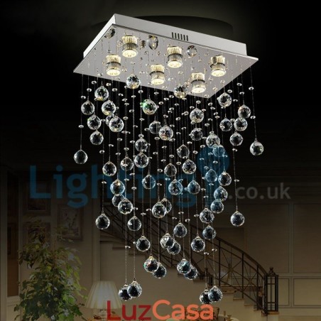 Lustre moderno contemporâneo, luminária pendente embutida, luz de gota de chuva de cristal Lustre moderno contemporâneo, luminária pendente embutida, luz de gota de chuva de cristal