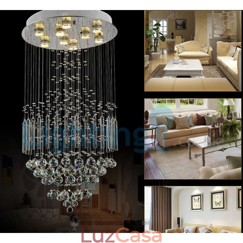 Lustre moderno contemporâneo, luminária pendente embutida, luz de gota de chuva de cristal