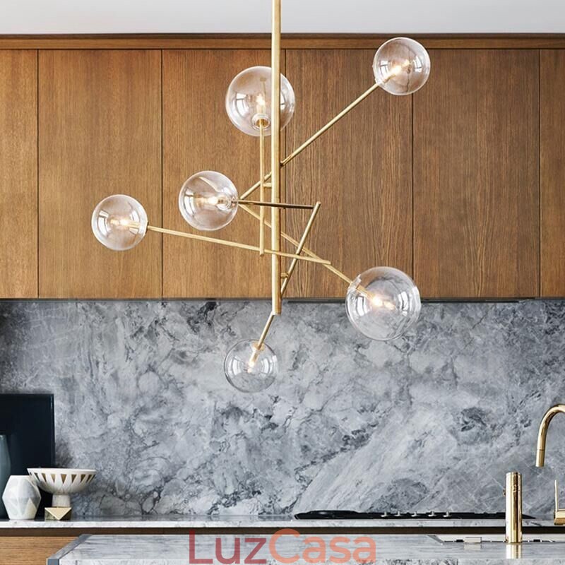 6 Luzes Nordic Lâmpada Lustre Simples Criativo Retro Ferro Bola De Vidro Feijão Mágico Lustre