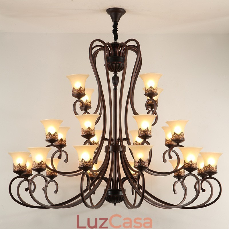 24 Luzes Teto Alto Vintage Country Island Pintura Lustre de Metal com Tons de Vidro Teto Alto