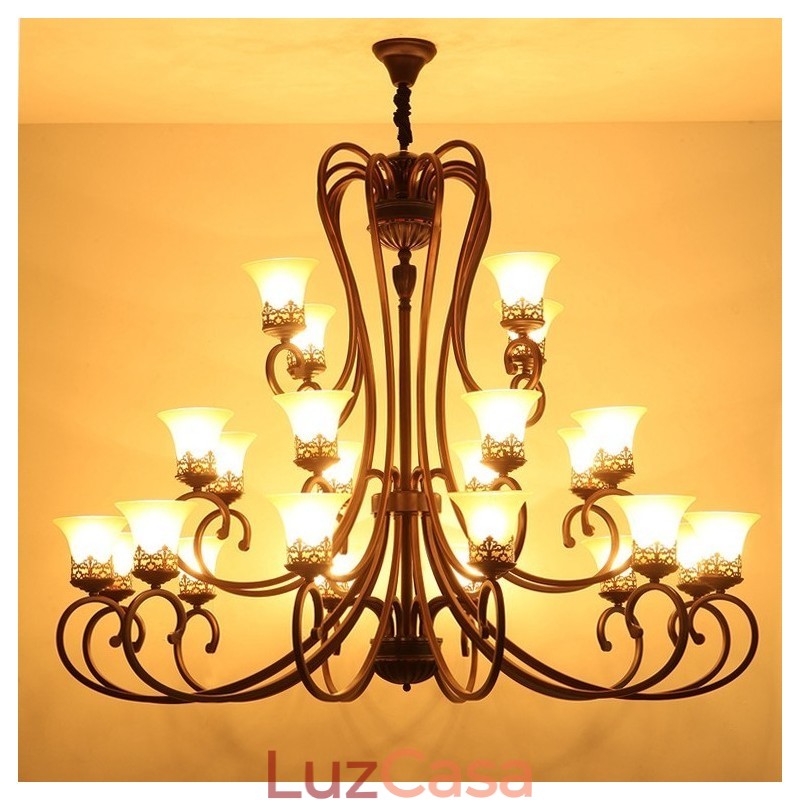 24 Luzes Teto Alto Vintage Country Island Pintura Lustre de Metal com Tons de Vidro Teto Alto