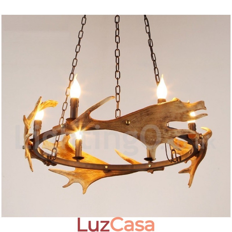 Lustre de chifre de veado rústico de 6 luzes